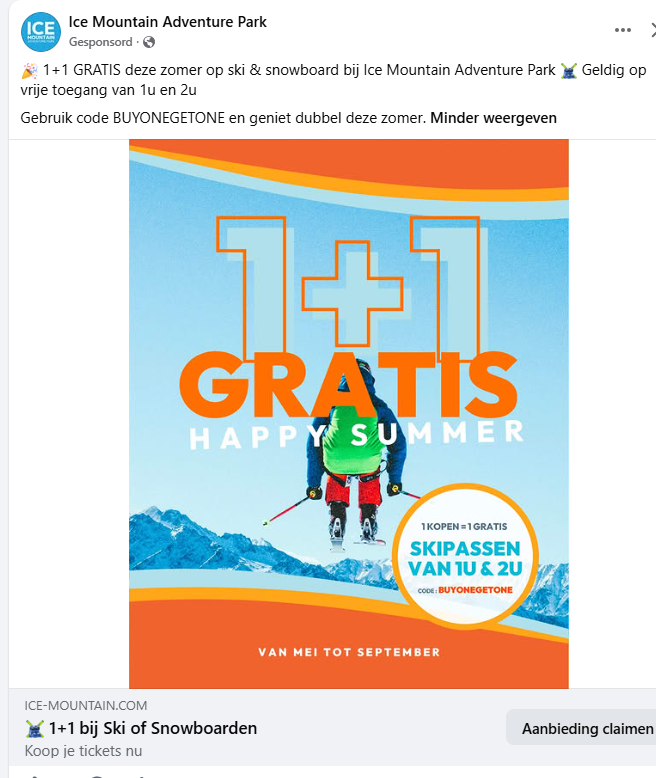 1 kopen = 1 gratis op een selectie van activiteiten bij Ice Mountain Adventure Park.