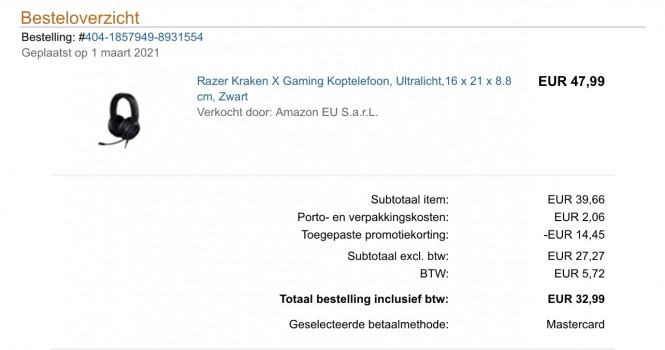 Gaming headset Razer Kraken X voor maar €32,9...