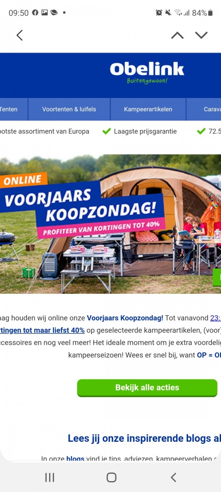 Obelink kampeermateriaal, tuinsets ed vandaag...