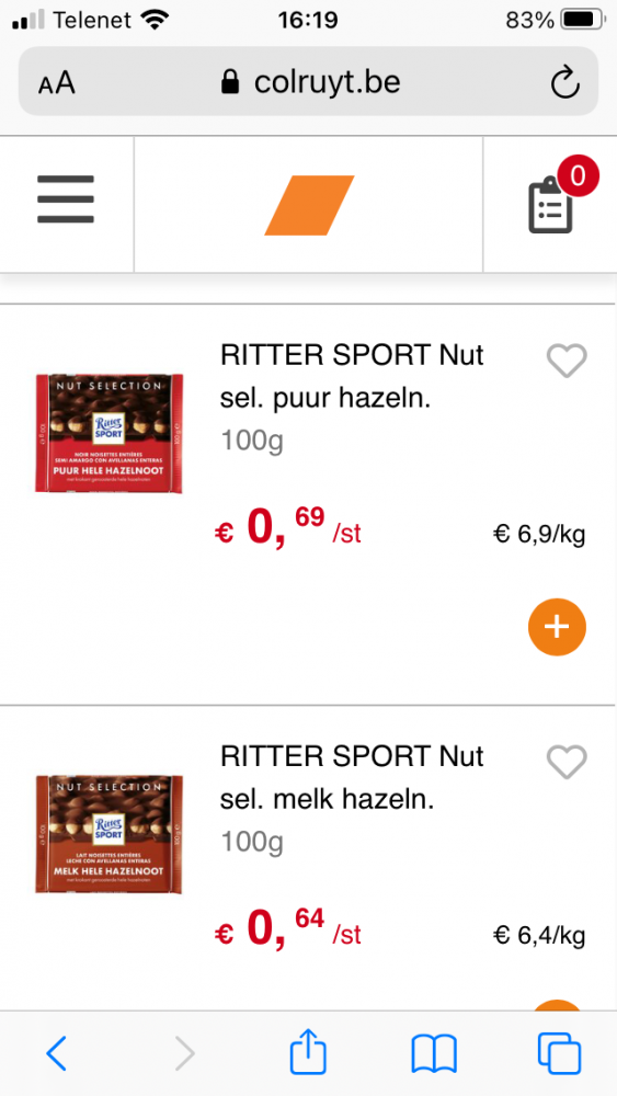 De Ritter chocolade bij Colruyt minder dan 70...