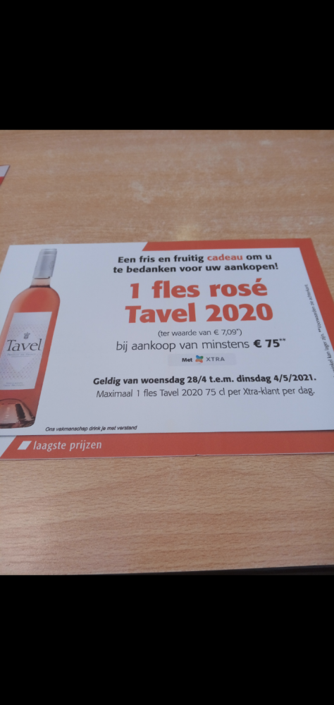 Bij Colruyt 1 fles rosé tavel 2020 gratis TWV...