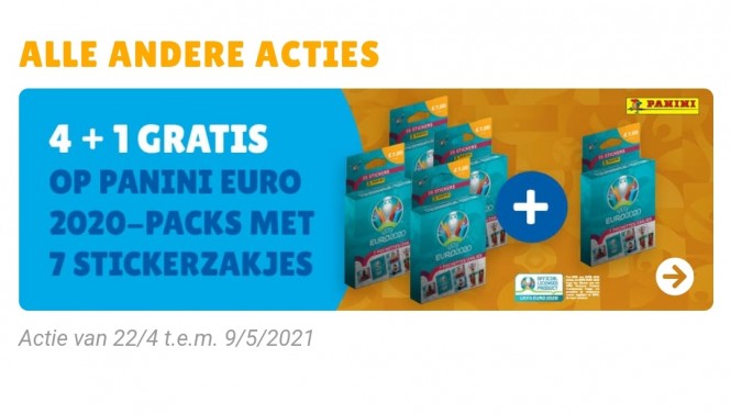 4 plus 1 gratis op Panini Euro 2020 packs met...