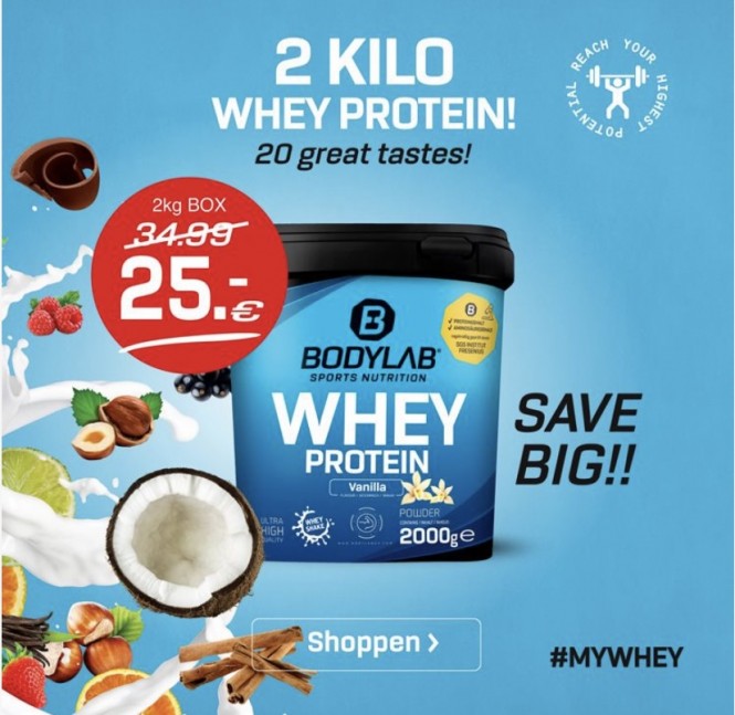 Op bodylab.nl 2kg whey protein voor €25 ipv €...