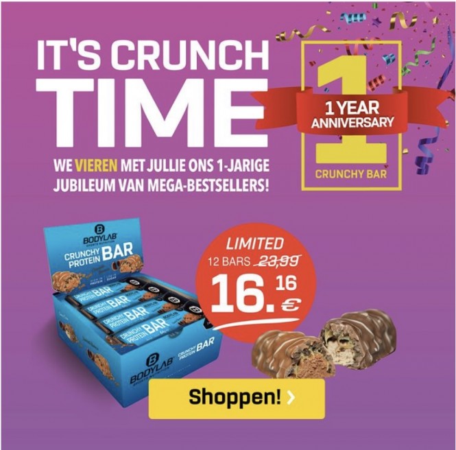 Op bodylab.nl 12 crunchy protein bars voor €...