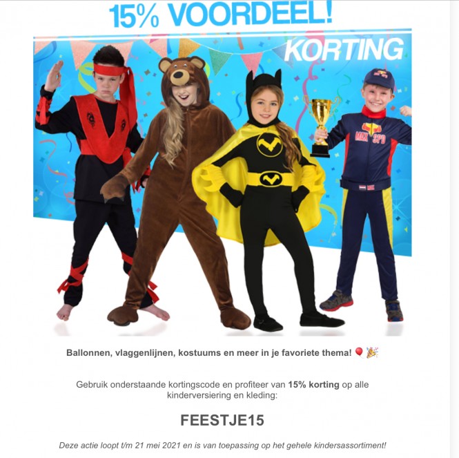 15% korting op alle kinderversiering en kledi...