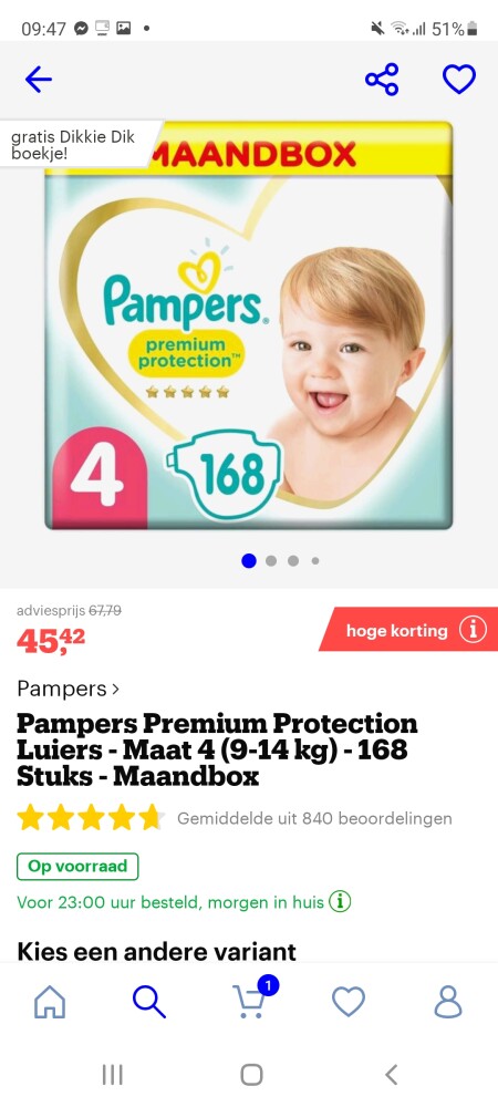Nu bij aankoop van 25€ aan pampers gratis boe...