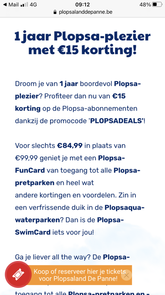 Actie 15 euro korting op abonnement Plopsa is...