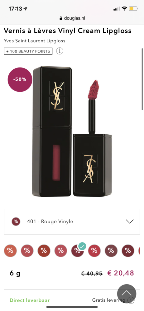 YSL lipgloss -50%. Van €40,95 naar €20,48 bij...