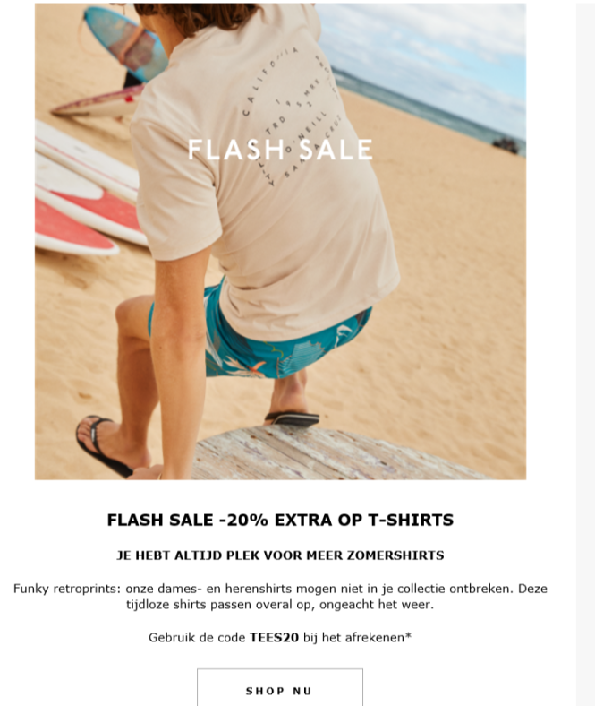 Flash sale promo bij O'neill. Met de code TEE...
