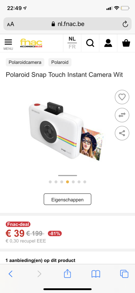 Bij Fnac Polaroid snap touch camera aan €39....