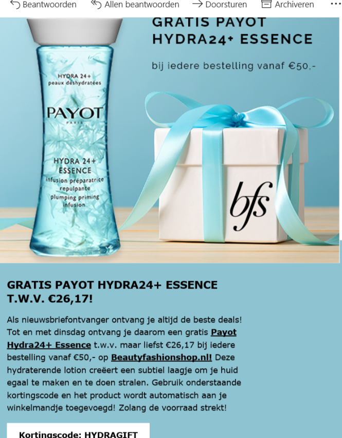 Bij beautyfashion krijg je met de code HYDRAG...