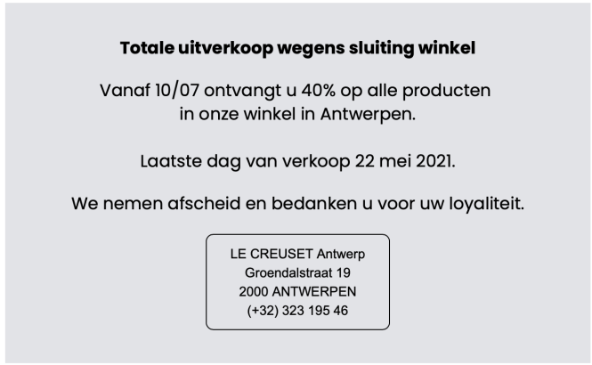 Uitverkoop winkel Le Creuset Antwerpen Centru...