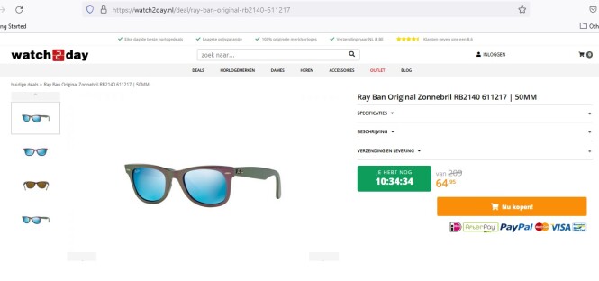 Rayban via Watch2Day slechts 64.95€ vs. 145€...