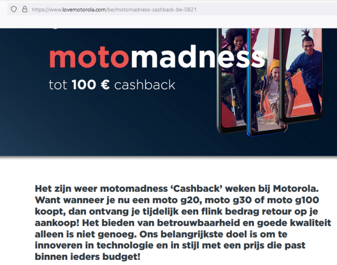 Motorola Cashback Geldig op moto g20, moto g3...