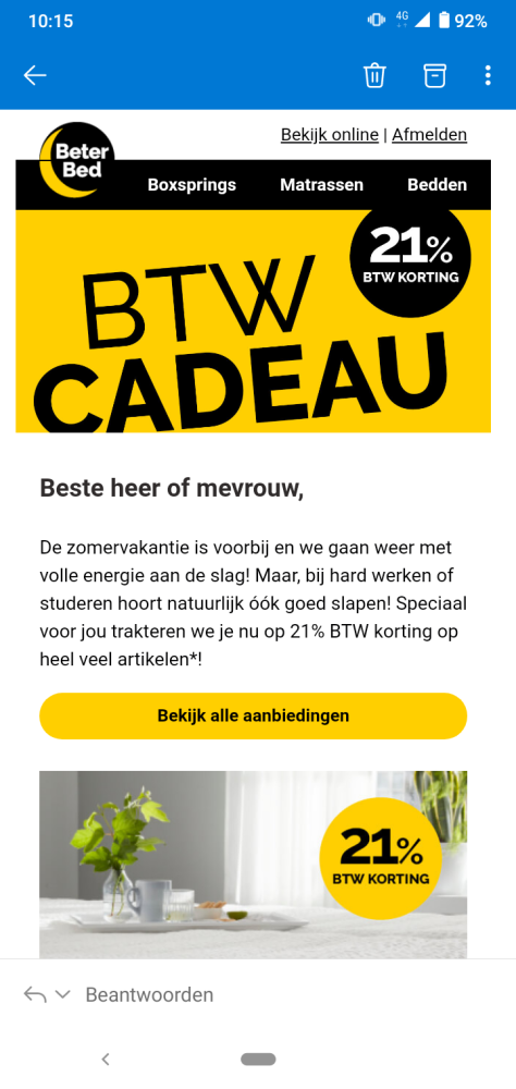 Bij beter bed nu 21% korting op veel artikele...