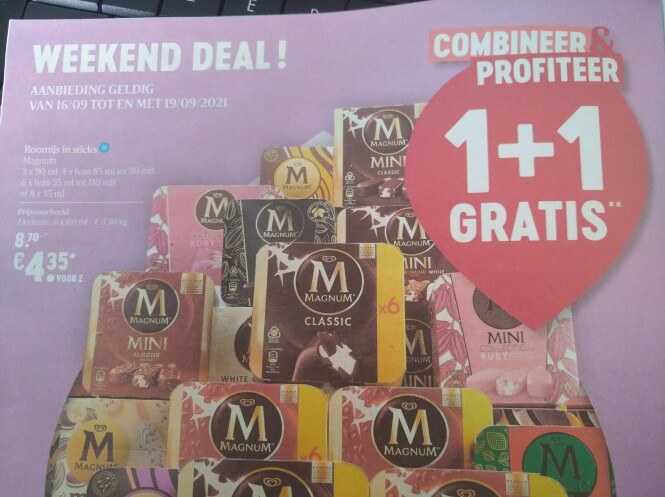 1+1 gratis magnum roomijs in sticks en 2+2 gr...