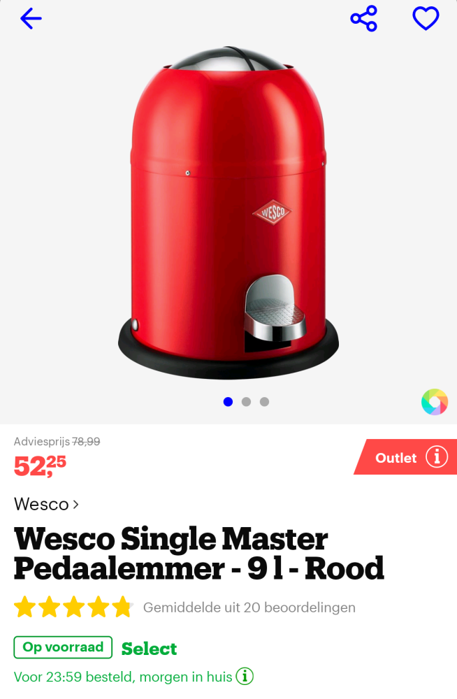 Wesco singel master pedaalemmer 9l (rood) op...