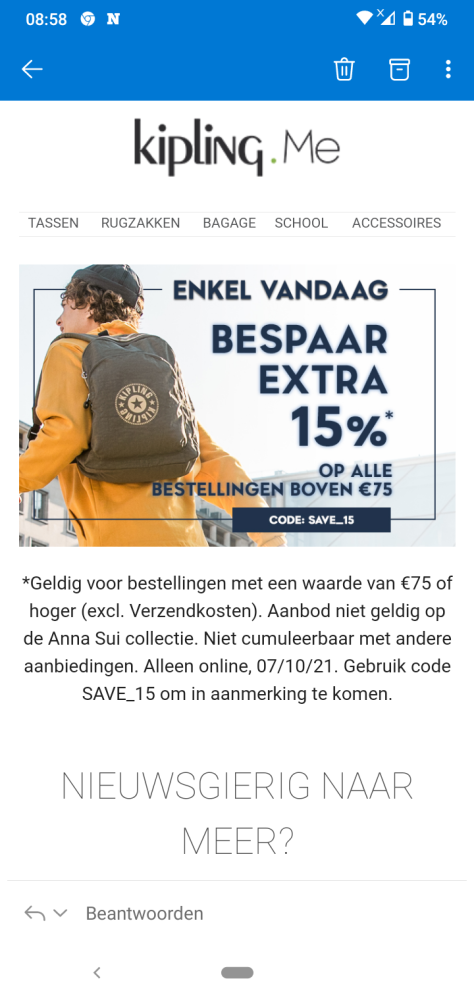 15% extra korting bij Kipling Geldig voor all...