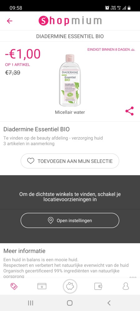 Shopnium 1€ cashback bij aankoop v diadermine...