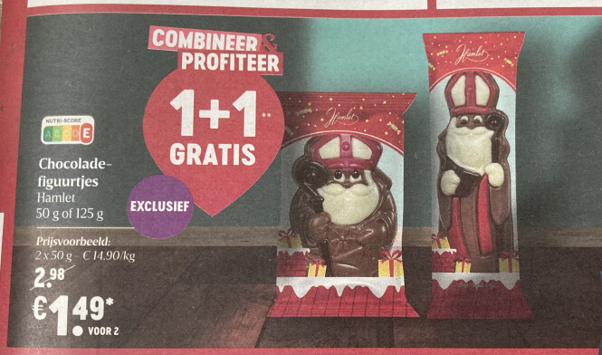 Bij Delhaize 1+1 gratis op chocolade figuren...