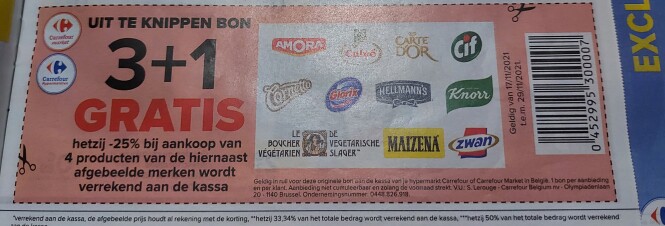 Carrefour bon 3+1 gratis van de afgebeelde me...