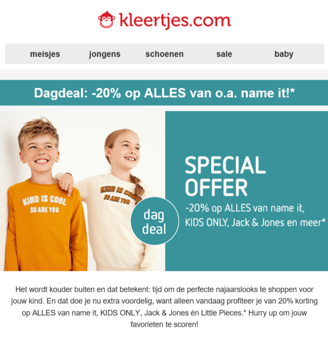 Dagdeal bij kleertjes.com: 20% korting op ALL...
