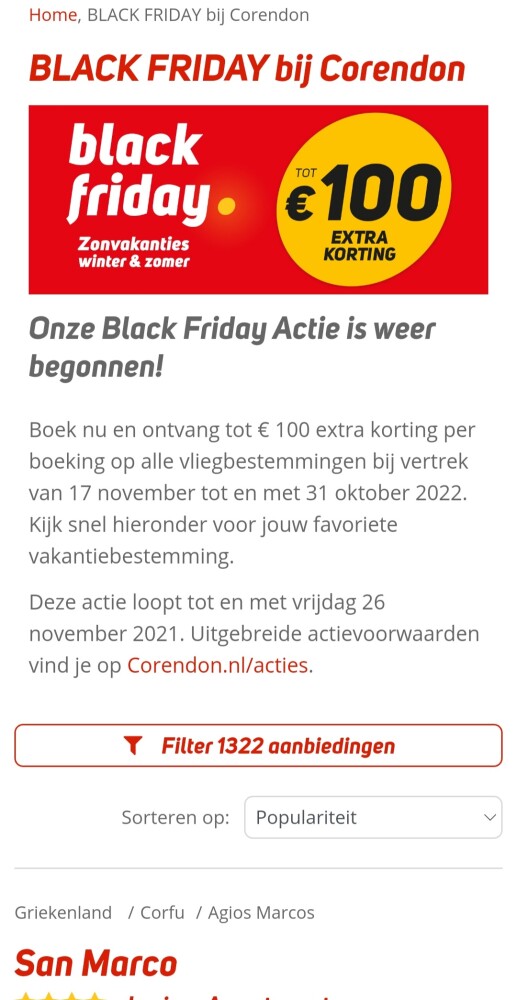corendon.nl black friday tot 100€ extra korti...