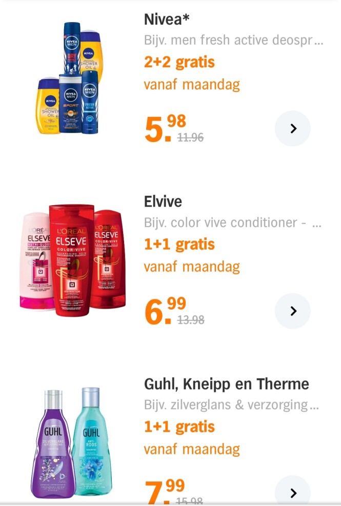 Ah vanaf 29/11 2+2 nivea, 1+2 elvive, 1+1 guh...