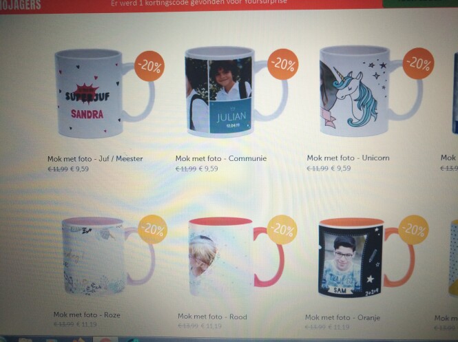 Dagdeal: -20% op alle mokken bij Yoursurprise...