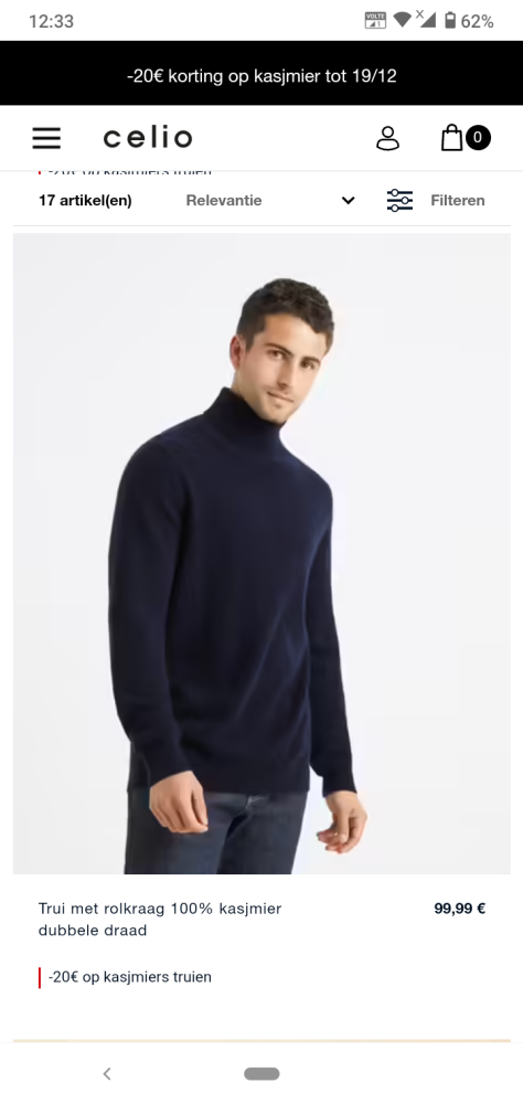 Bij celio is er €20 korting op kasjmier. Geld...