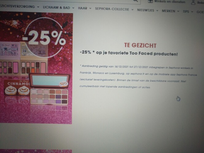-25% op producten v merk Too Faced tem 27/12/...