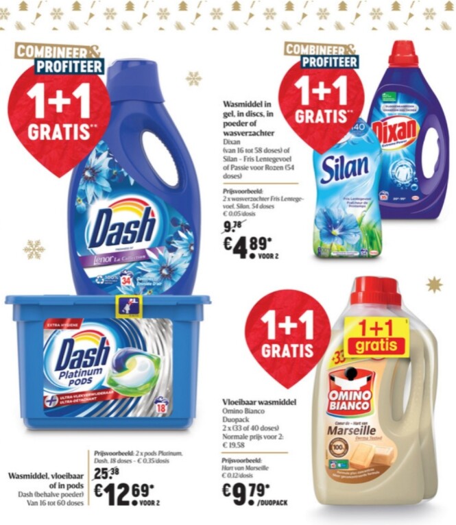 Delhaize 1+1 dash vloeibaar of pods, 1+1 dixa...