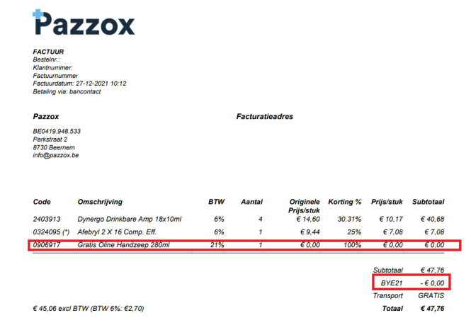 Bestelling geplaatst bij Pazzox: met de code...