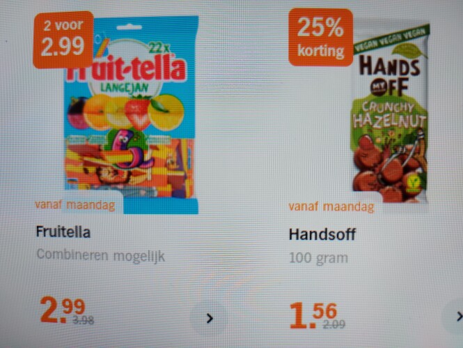 Ah 2 voor €2.99 fruit-tella , 25% handsoff 10...