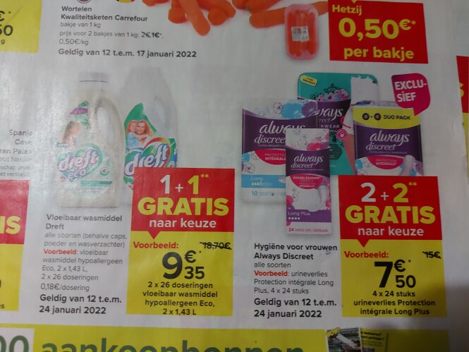 Carrefour 1+1 dreft vloeibaar wasmiddel, 2+2...