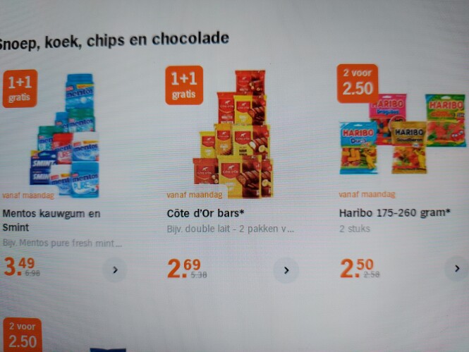 AH 1+1 mentos kauwgum en smint, 1+1 cote d'or...