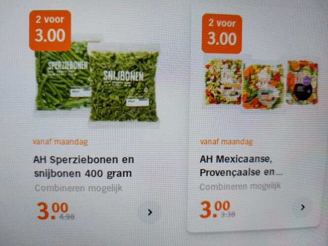 Ah vanaf ma 31/1 : 2 voor €3 sperziebonen en...