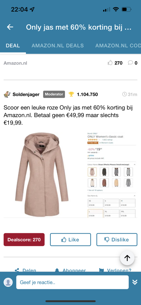 Mooie jas van Only kunnen scoren bij Amazon…....