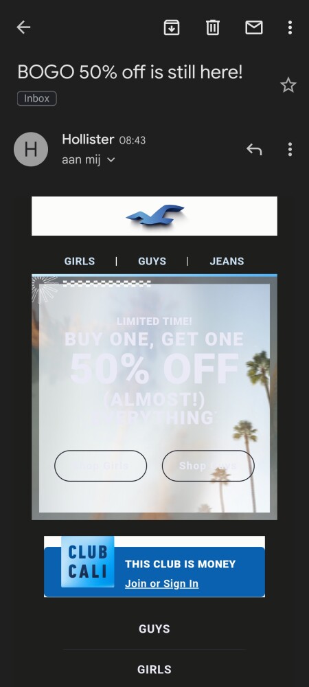 Bij Hollister 1 kopen is 2e aan -50% (op bijn...