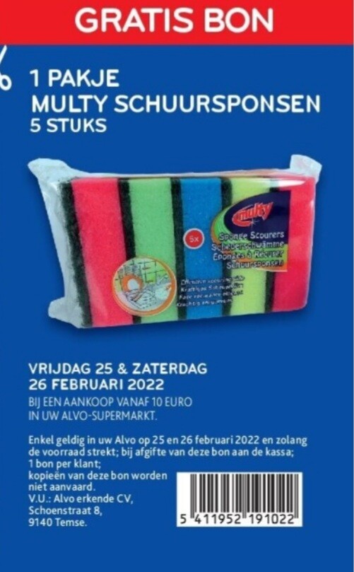 Alvo gratis bon 1 pakje multy schuursponzen 5...
