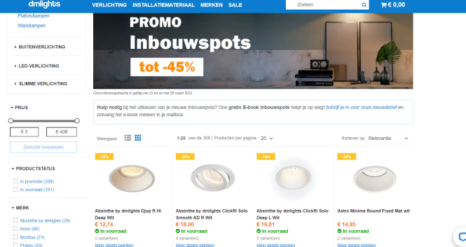 Bij dmlights is er tot 45% korting op inbouws...