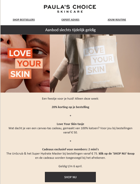 Bij Paula's choice is er tem 06/04 20% kortin...