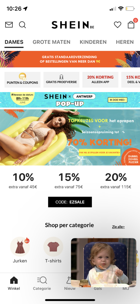 Bij shein 10% korting vanaf €45 15% korting...