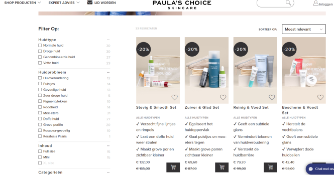 Bij Paula's choice is er 20% korting op sets...