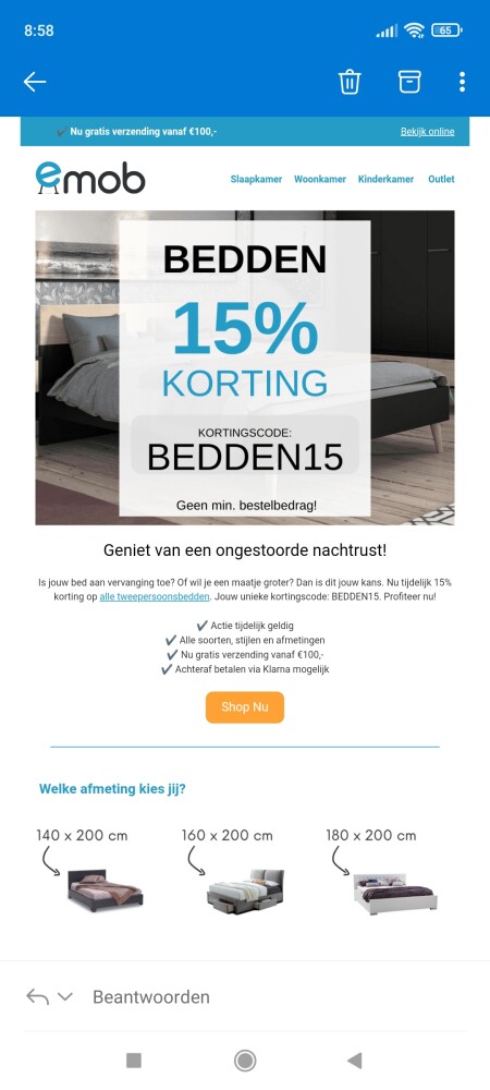 15% korting op alle tweepersoonsbedden