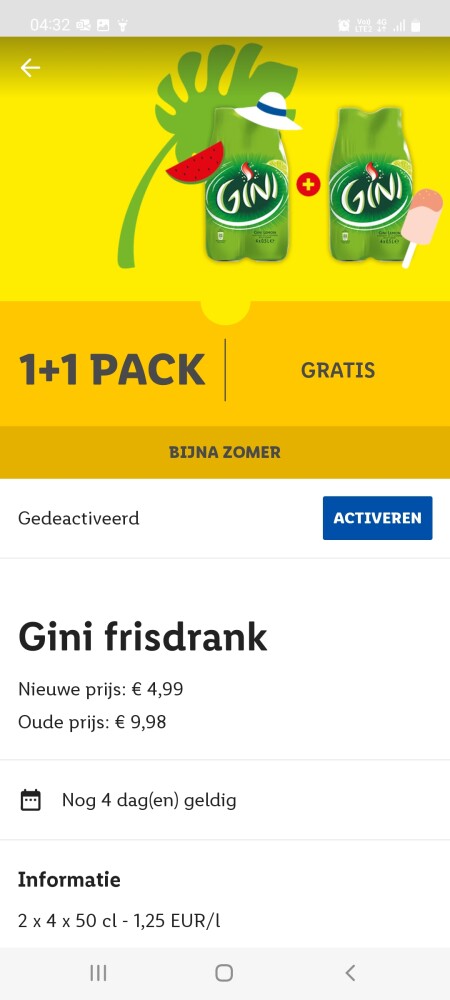 Lidl app nieiwe coupon 1+1 pack gini 4*50cl