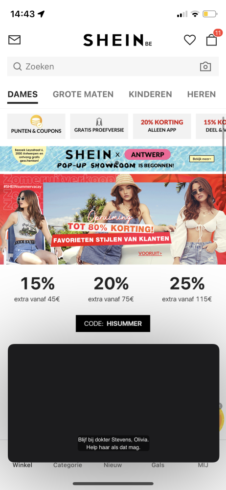 Bij Shein 15% korting extra vanaf €45 20% kor...