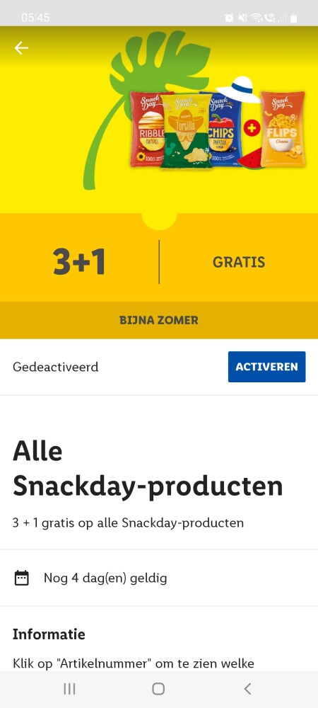 Nieuwe e coupon in lidl app 3+1 alle snackday...