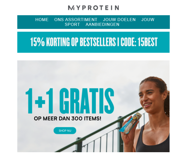 Bij myprotein is er 1+1 gratis op een selecti...