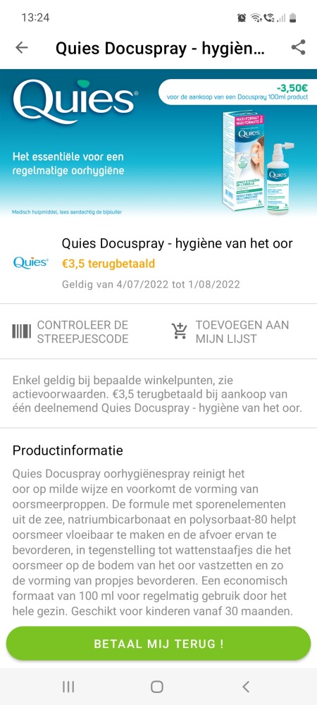 Myshopi 3,5€ cashback quies docuspray hygiene...